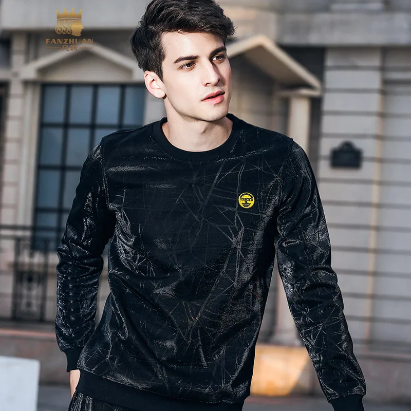 Fanzhuan Free Shipping New 2018 autumn winter male Men's long sleeved top pants plus velvet two-piece set suit printed 811023 | Мужская