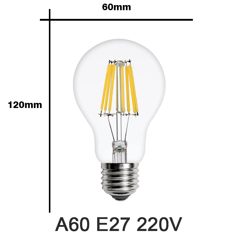A60 Светодиодный лампа накаливания Эдисона E14 E27 220V C35 G45-G95 ST60 A60 T45 2W 4W 6W 8W подвесной светильник в стиле ретро лампы в форме свечи люстра лампа украшения дома светильник - Испускаемый цвет: A60