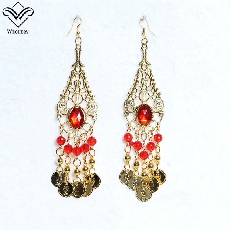 red earings Wechery женские индийские ювелирные изделия Роскошные танец живота одежда ювелирные изделия золотые серьги ожерелье Браслеты, головные уборы обувь Болливуд - Цвет: red earings