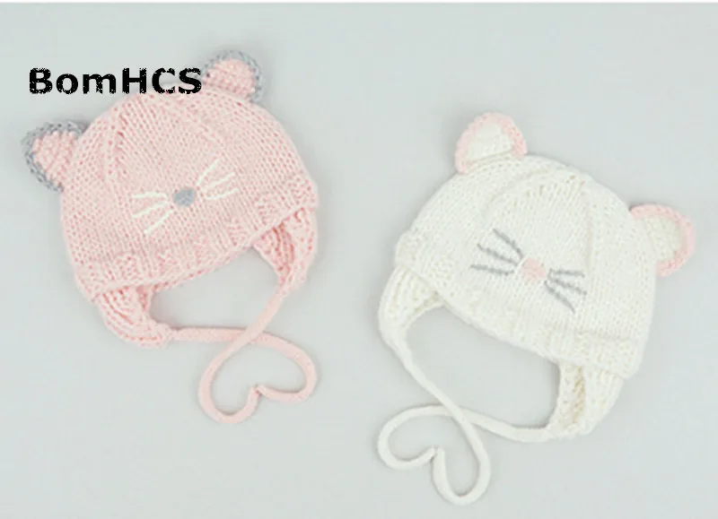 Шапка BomHCS детская вязаная ручной работы с ушками для детей 3-8 лет 100%