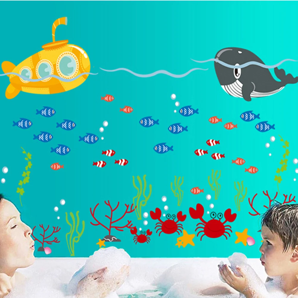 

new design hot sale removable waterproof animals bathroom wall stickers cute fish wallpaper decals diy size deep sea pictures