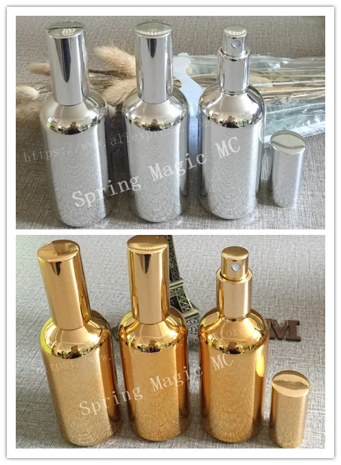 Стеклянный флакон 100 мл золотистый серебристый с нажимным пульверизатором духи