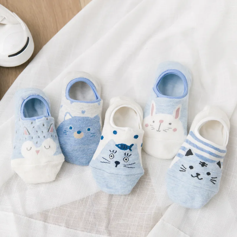 5 пар летние женские лодочные носки невидимые Нескользящие хлопковые Kwaii с милым