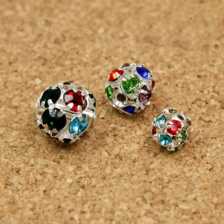 

300pcs/lot 8mm Round Mixed Colors Metal Base Silver Plated Rhinestone Loose Spacer Ball Beads