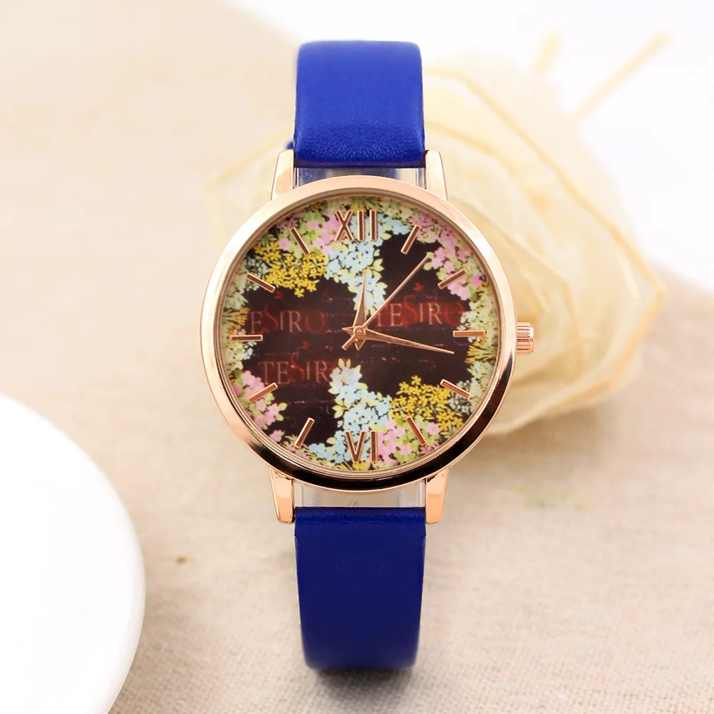 DHL1000PCS новый цветочный кожаный ремешок наручные часы женские модные узор