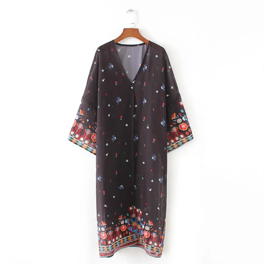 Женский Летний стиль длинный рукав цветочный принт длинное кимоно кардиган Blusas