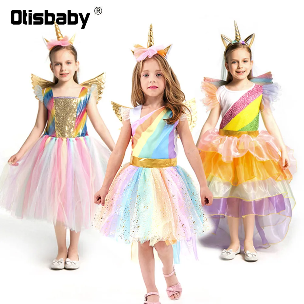 Kids Unicorn Dress for Girls Toddler Rainbow Dash Costume Children Princess Tulle Hair Hoop Wing Pony Clothing Set | Детская одежда и