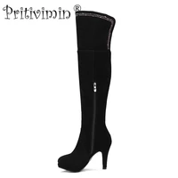 pritiviminfn134 ladies fashion winter warm lined women botas short plush shoes cow suede black thin heels crystal long boots