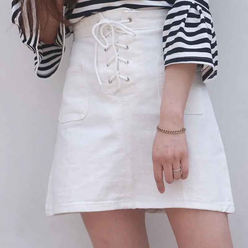 Plamtee двойной карман сплошной Цвет джинсовая юбка трапециевидной формы Jupe Taille Haute