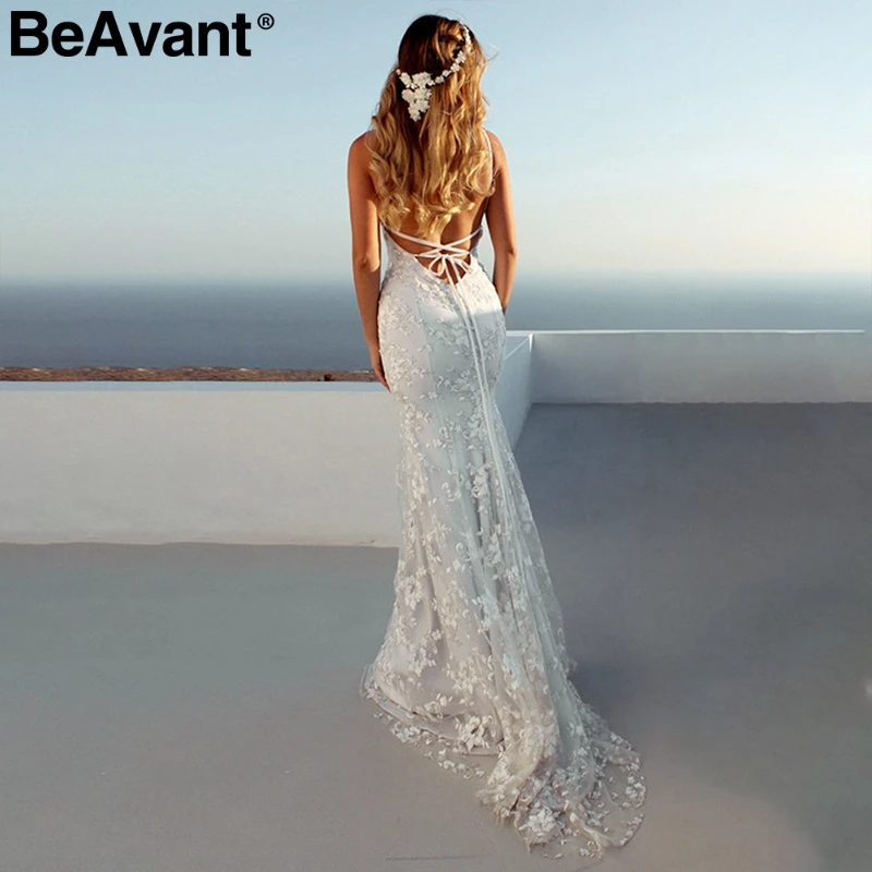 BeAvant Backless lace up women party dress Sexy white long elegant V neck strap bodycon winter female 2018 | Женская одежда