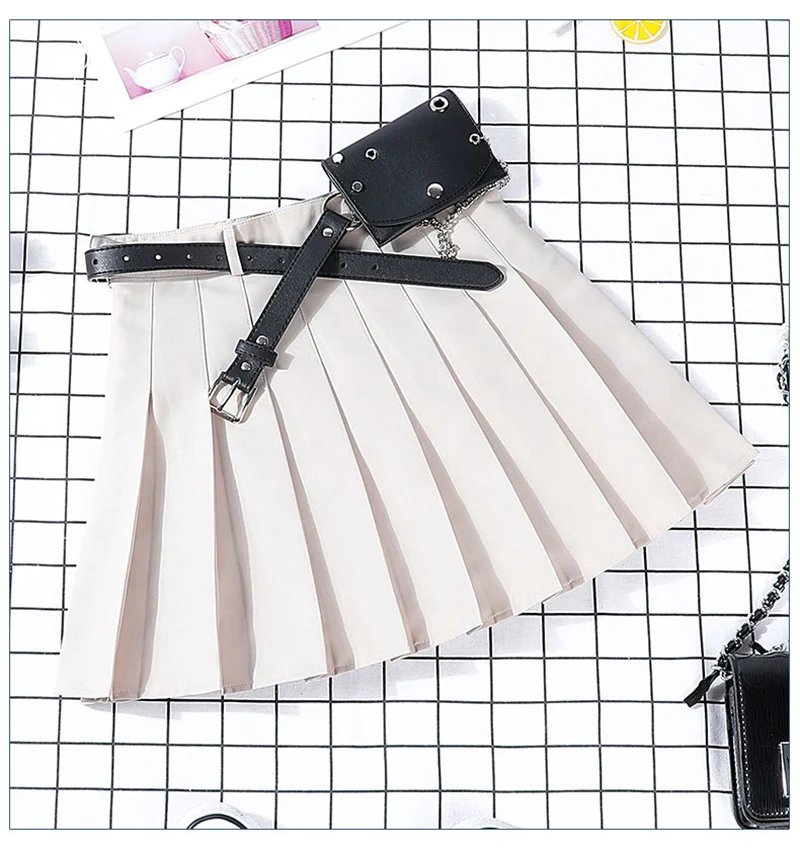 New Hip-hop Women's Harajuku Pleated Skirt Gothic Black High Waist Mini Skirts Cute Girls Punk A Line Short Skirt With Belt