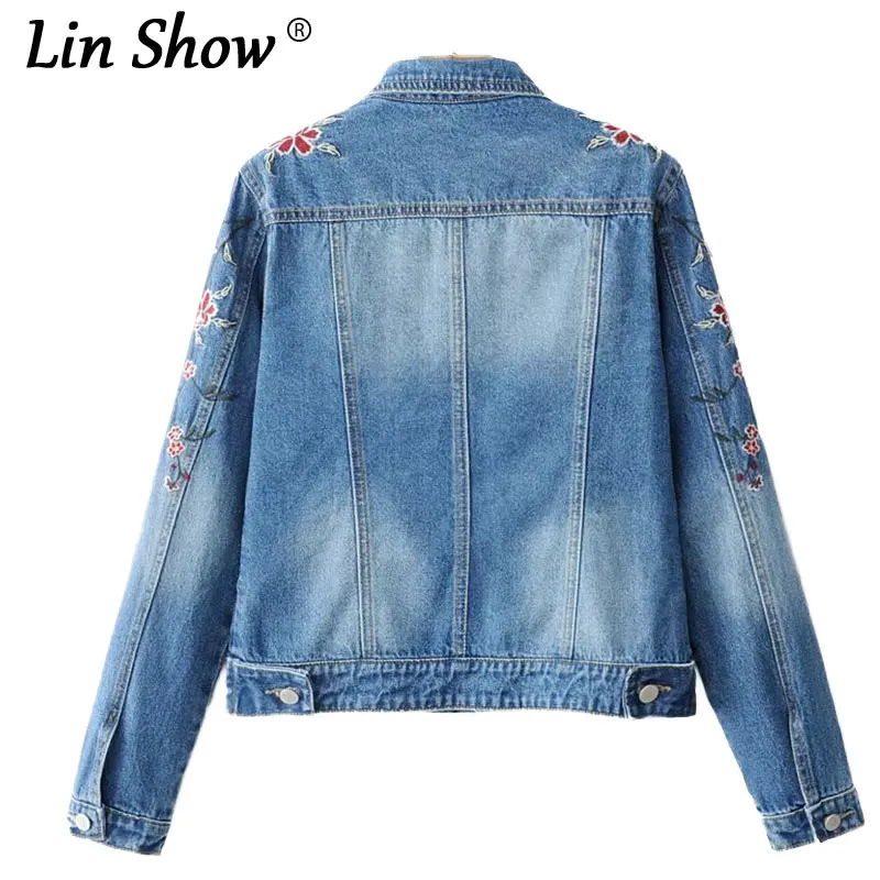 Linshow цветочный Вышивка Весна джинсовая куртка новинка 2017 года Повседневное