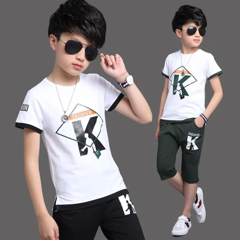 2019 New Summer Cotton Short Sleeve The Letter Printing T Shirt +pant Boys Two-piece of Large Children's Sport Suit 4-12Ages |