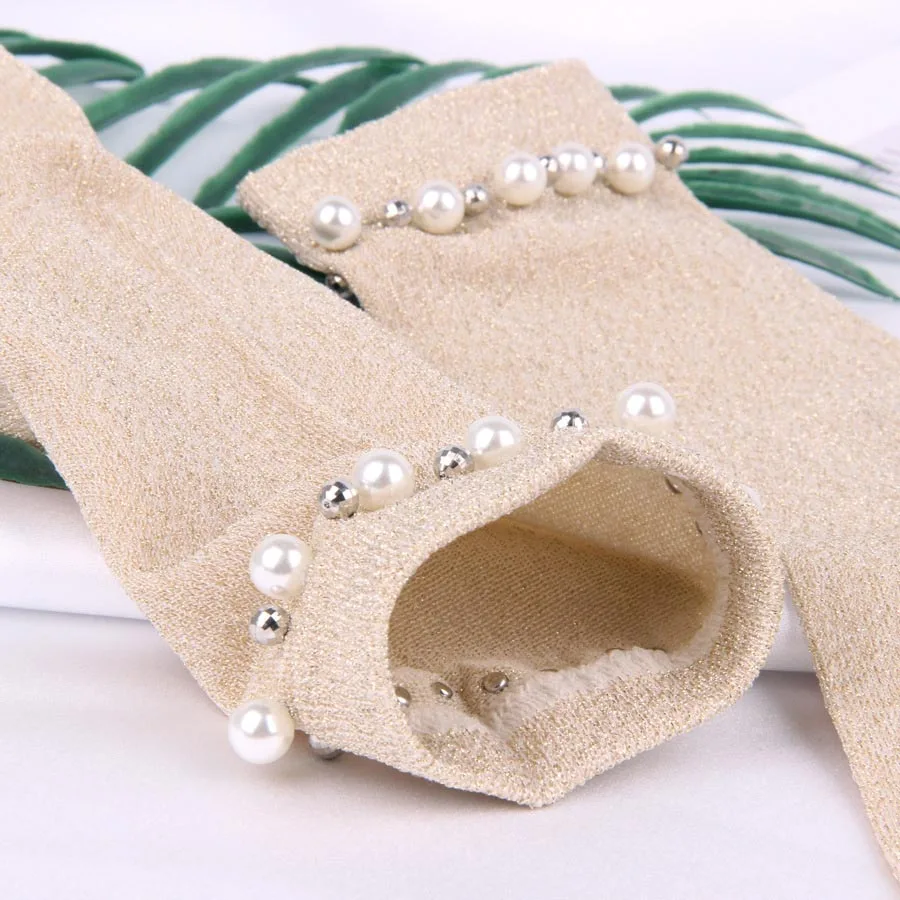 Носки женские винтажные блестящие ручной работы с жемчугом|calcetines mujer|female sockspearl