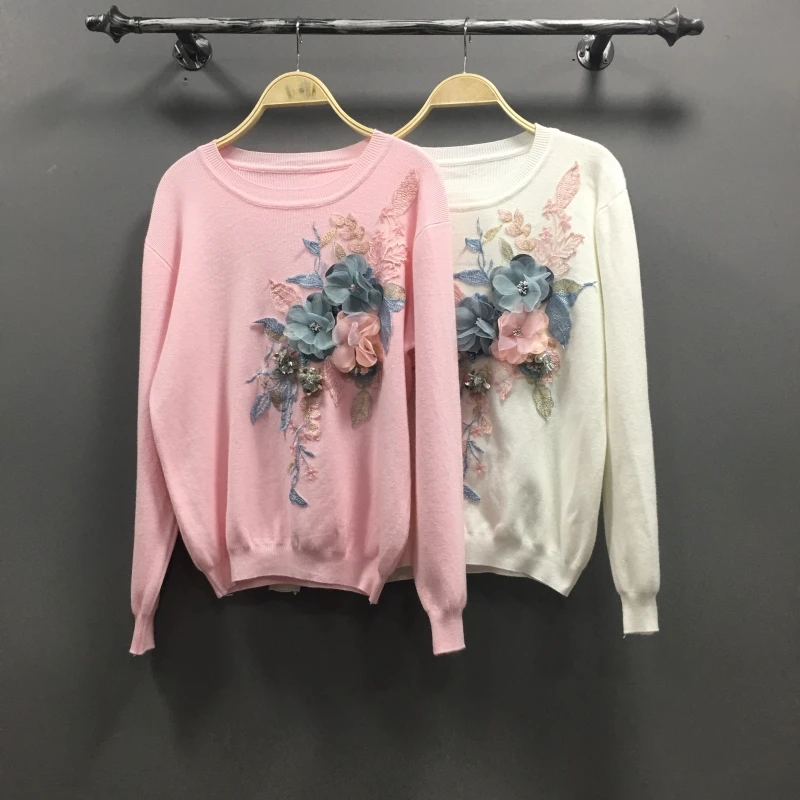 Pullover Sweater Woman 2018 Autumn New Women's Loose Three-dimensional Flower Embroidery Sequin Sweaters Knit Coats | Женская одежда