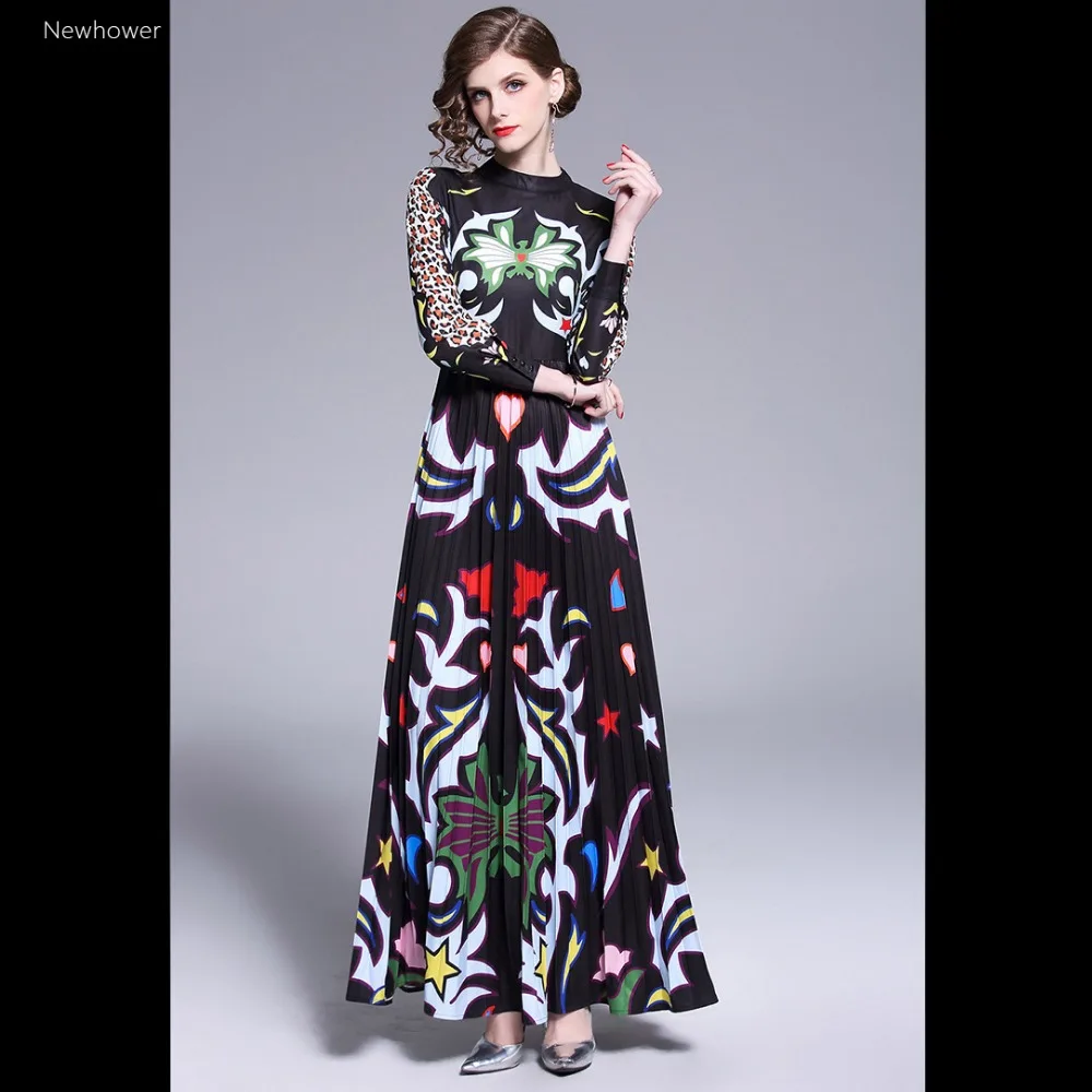 Newhower Vogue woman Summer Dress fashionable high-ended longuette quality of office lady leopard print high waist large pleated | Женская