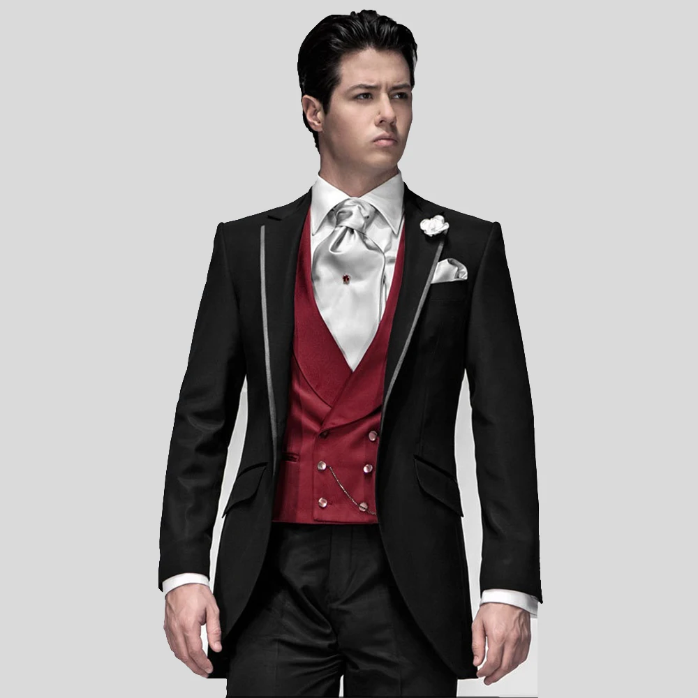 

Custom Made Groom Tuxedo, Bespoke Black suits with Silver Grey Lapel Trims, dark red vest, Tailor Made Wedding Suits for men