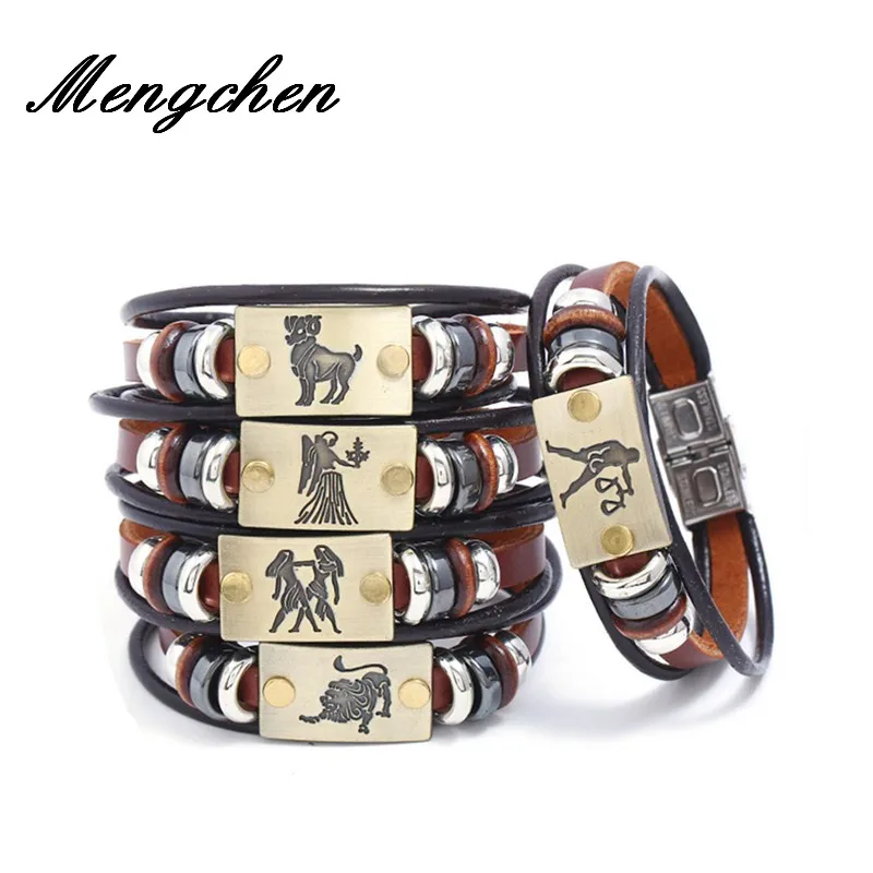 

Retro Twelve Constellation Stainless Steel Fastener Buckle Punk Couple Woven Leather Bracelet Jewelry For Women Men