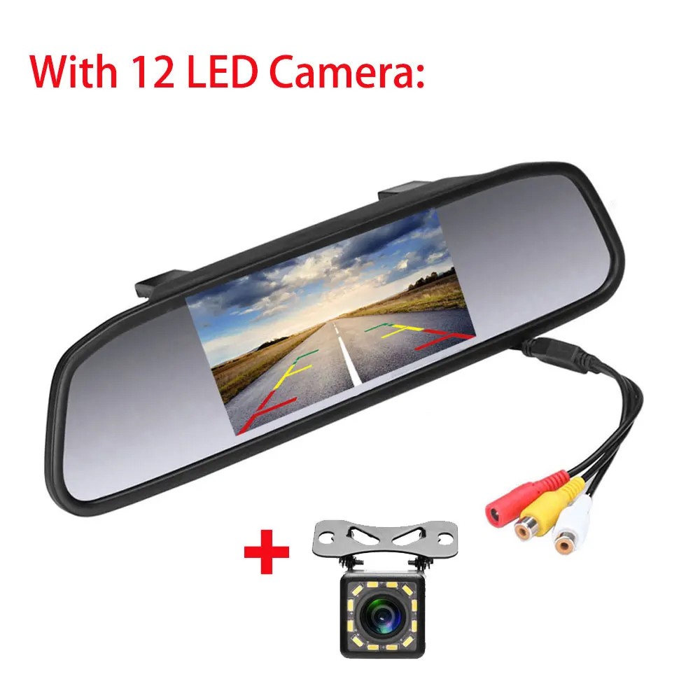 With 12 LED Camera Hikity автомобильный 4," TFT Автомобильный парковочный зеркальный монитор 2 видео входа для камеры заднего вида Водонепроницаемая Система помощи при парковке - Цвет: With 12 LED Camera