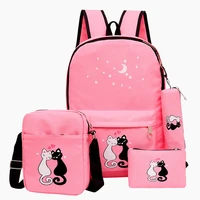 4pcsset backpack school bags for girls cat printing canvas children school backpack teenager girls preppy rucksack cute bookbag