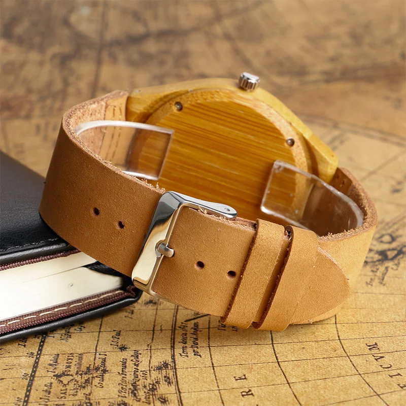 Часы мужские/женские кварцевые аналоговые с бамбуковым ремешком и кожаным |