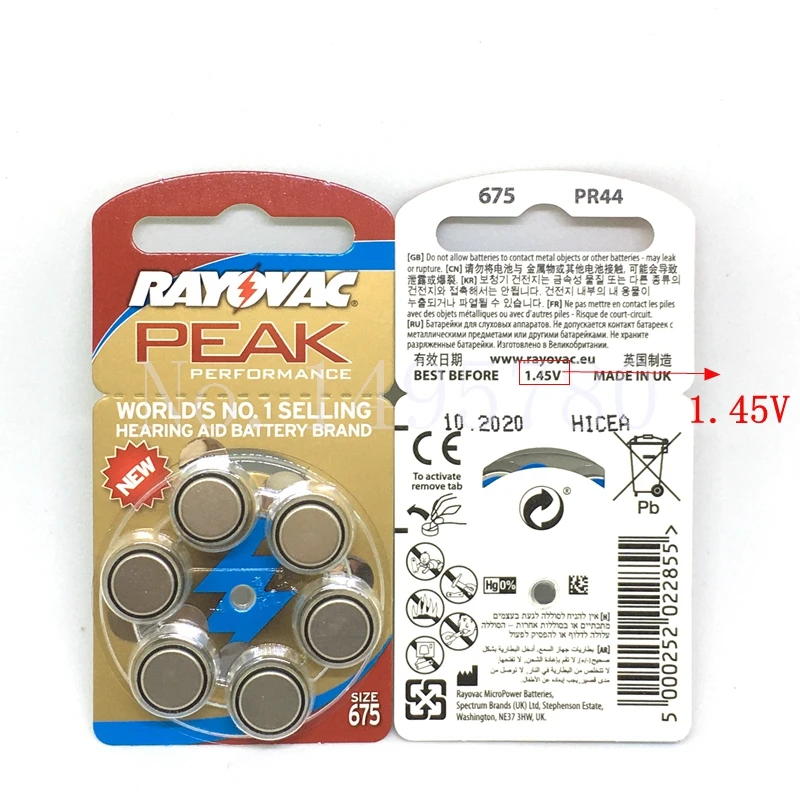Стимулятор слухового аппарата Rayovac Peak Air 675A A675 1 45 PR44 60 шт. Новый цинковый воздух 675