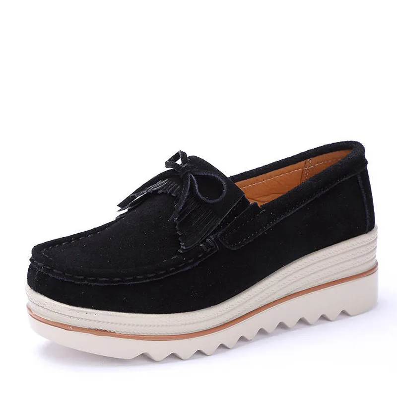 Spring Black PINSEN/ г.; весенняя женская обувь на плоской платформе; повседневные кроссовки с кисточками и вырезами; кожаная замшевая обувь без шнуровки; женские мокасины с толстой мягкой подошвой - Цвет: Spring Black