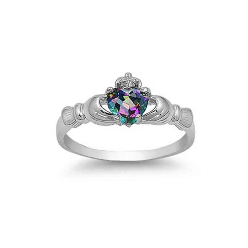 Rainbow Huitan модное кольцо в форме сердца Claddagh с радугой CZ зубчатая установка посеребренное модное ювелирное изделие лучший подарок для влюбленных кольца для женщин - Цвет основного камня: Rainbow