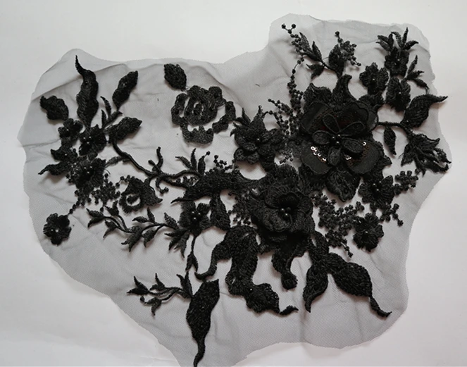 black 3D Beaded Flower Lace Applique 35cm x28cm Embroidered Bridal for Dance Costumes Gown Hem Accessories | Дом и сад