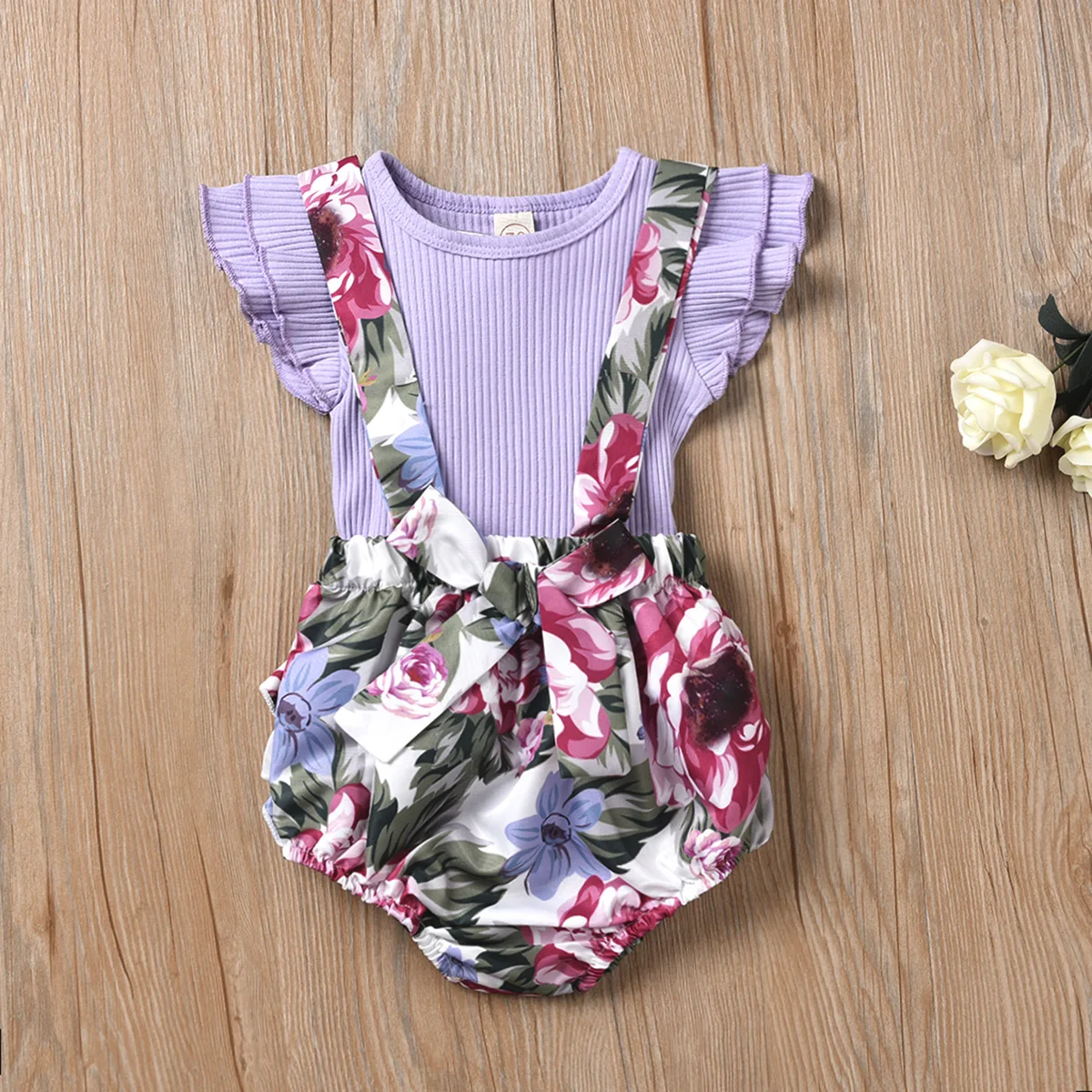 Комплект одежды для маленьких девочек Фиолетовый комбинезон с цветочным принтом