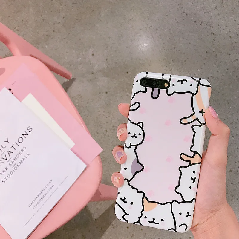 Pink Cat Korea Case For iPhone 7 Phone Cases Cartoon Animal Cats IMD Soft Back Cover 8 6s 6 Plus Covers Capa Coque |