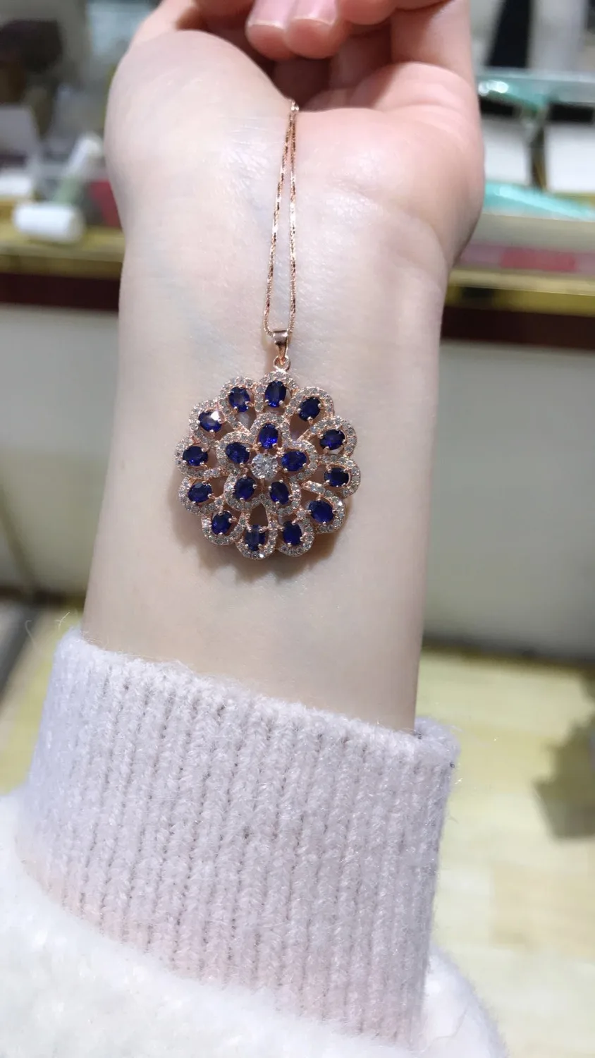 Женский кулон из серебра 925 пробы с натуральным голубым сапфиром|silver round|jewelry