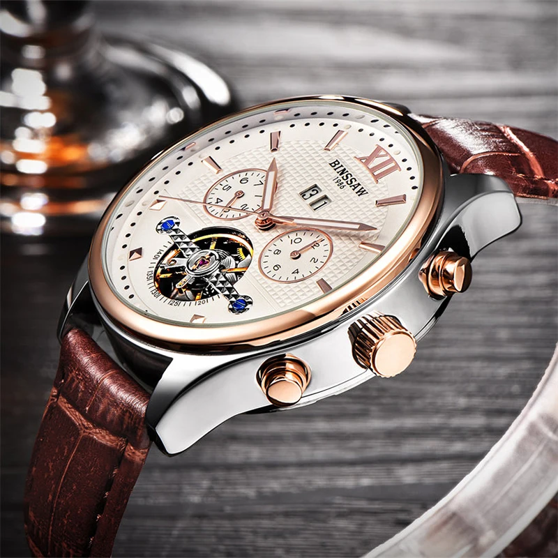 BINSSAW Модные Военные автоматические механические часы мужские Tourbillon кожаные с