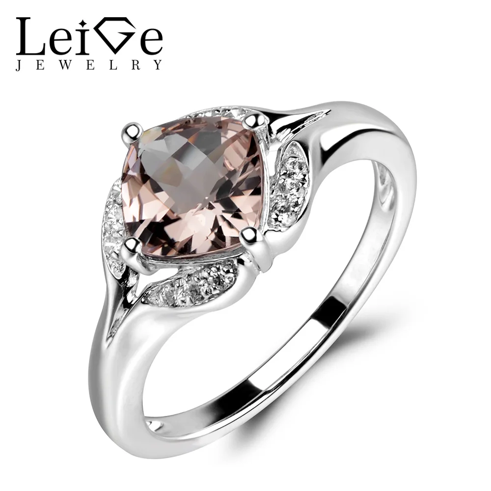

Leige Jewelry Morganite Ring Pink Morganite Engagement Promise Rings Sterling Silver 925 Natural Gemstone Ring Cushion Cut