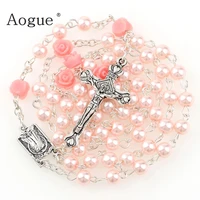 6mm glass imitation pearl bead holy rosaries necklace with rose flower silver cross lourdes center rosary