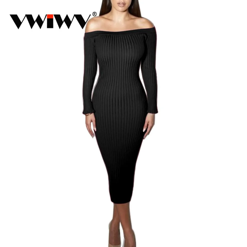 

2018 New Arrival Autumn Winter European Sexy Women Off Shoulder Slash Neck Long Sleeve Knitted Sweater Knee Dress Women Sweaters