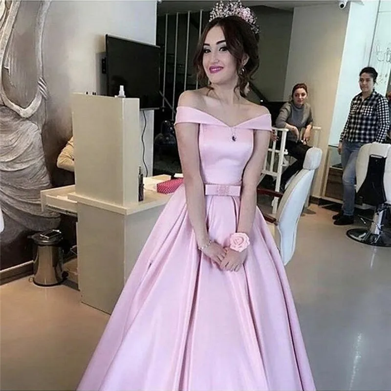 Ярко Розовый Атласная Пром Платья Длинные Vestidos Де Феста 2017 плечи v шеи короткие