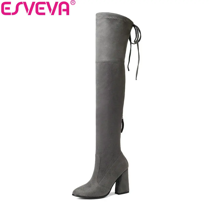 

ESVEVA 2020 Women Boots Zipper Over The Knee Boots Stretch Fabrics Pointed Toe Look Slim Hoof High Heels Women Shoes Size 34-43