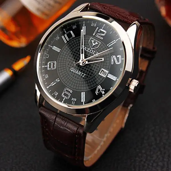 YAZOLE, наручные часы для мужчин, мужская одежда, деловые кварцевые часы, наручные часы, кварцевые часы, Relogio Masculino 309/w календарь - Цвет: Black Brown