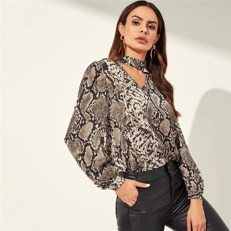 SHEIN модная повседневная разноцветная блузка с v-образным вырезом и животным узором, Женская Весенняя блузка с длинным рукавом