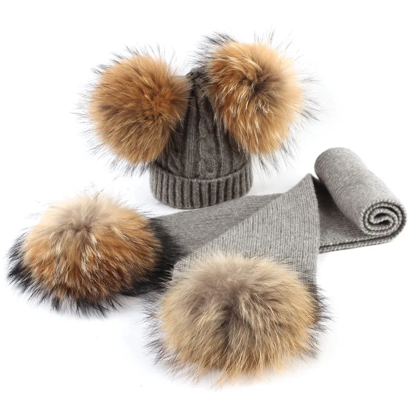 Light Grey A Geebro/комплект из 2 предметов для детей, вязаная шапочка и шарф с двойными настоящими помпонами для мальчиков и девочек, шапочки-бини с помпонами - Цвет: Light Grey A