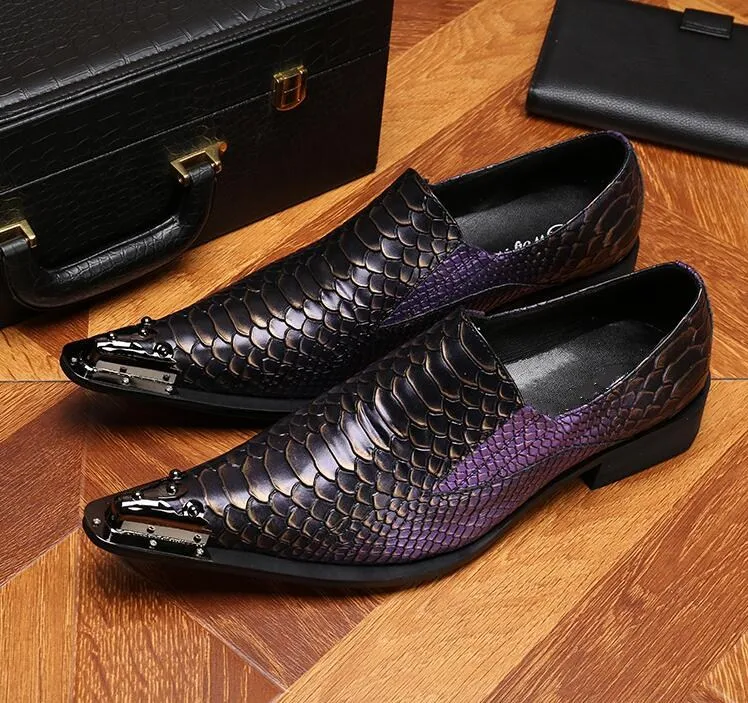

Men's Oxfords Genuine Leather Pointed Toes Snakeskin Summer Single Shoes Smart Casual Purple Slip On Low Top Dress Shoes