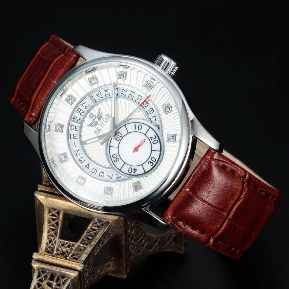 SEWOR Автоматические Мужские часы с кожаным браслетом механические для мужчин