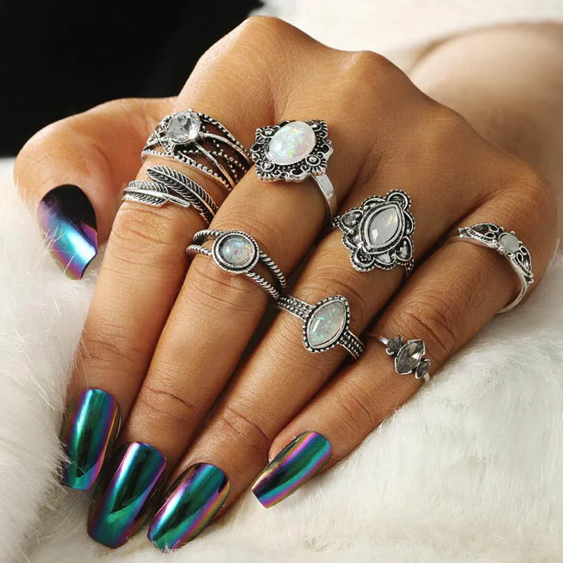 : Meyfflin Новый Vintage Opal набор колец на сустав пальца для Для женщин с цветочным узором