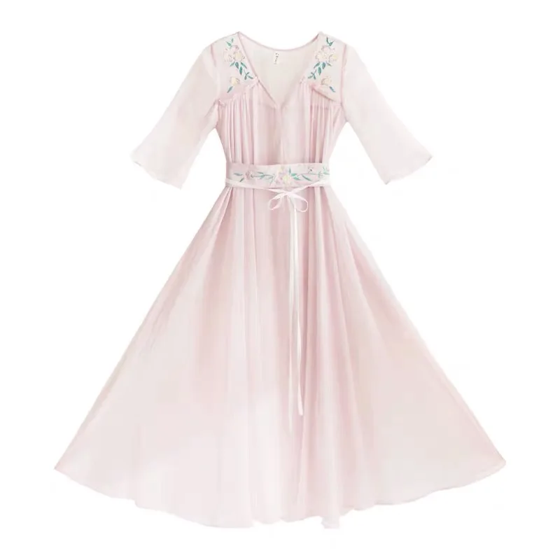 without inner dress IRINAY527 коллекция весна-лето новое поступление винтажное шифоновое платье с вышивкой и поясом длинное - Цвет: without inner dress