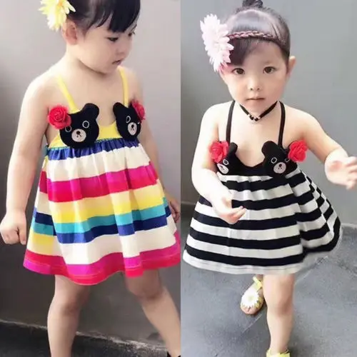 2018 Summer New Cute Baby Girls Rainbow Striped Dress Kids Toddler Bear Strap Casual Dresses Clothes Child | Детская одежда и