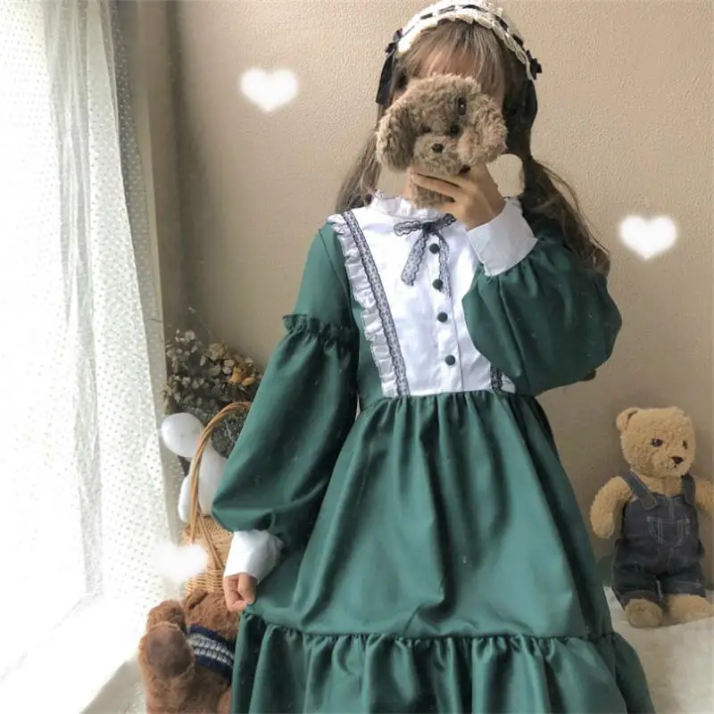 Для женщин платья для Винтаж Дамы Kawaii Ulzzang цвет блок с длинным рукавом милое