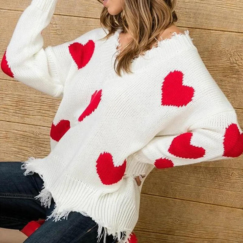 2019 Autumn Heart Sweaters Pullovers Sexy V Neck Tassels Knitwear Casual Loose Oversized Jumper Femme Cozy Pull Hiver | Женская одежда