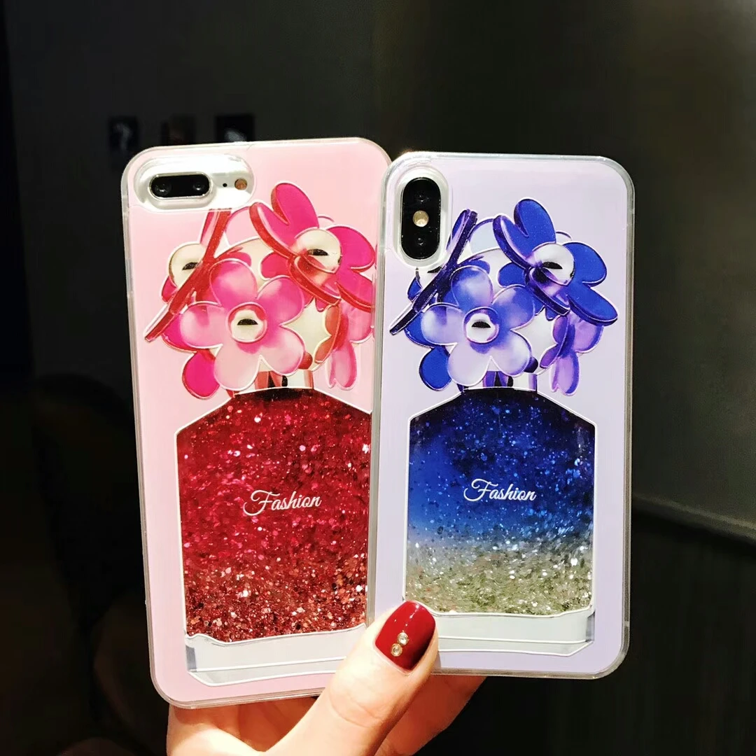 Fashion Cute Zou Chrysanthemum Perfume Bottle Liqued Cases for iPhone 6 6s 7 8 Plus Glitter quicksand Vase Girl gift Phone Cover |