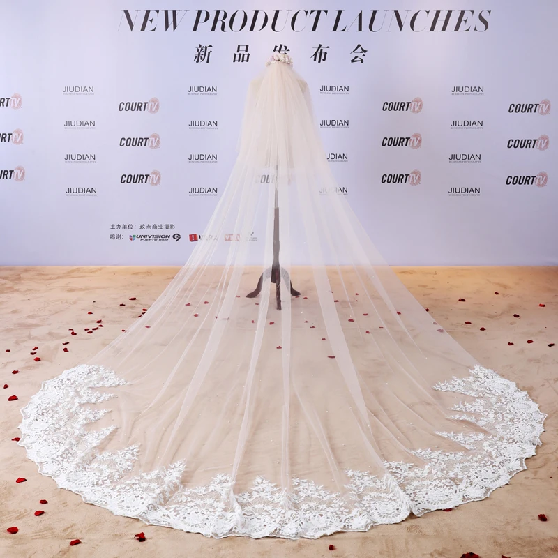 

Новое поступление, длинная мягкая белая цветочная кружевная женская свадебная фата, однослойная с фотографией для свадебного платья